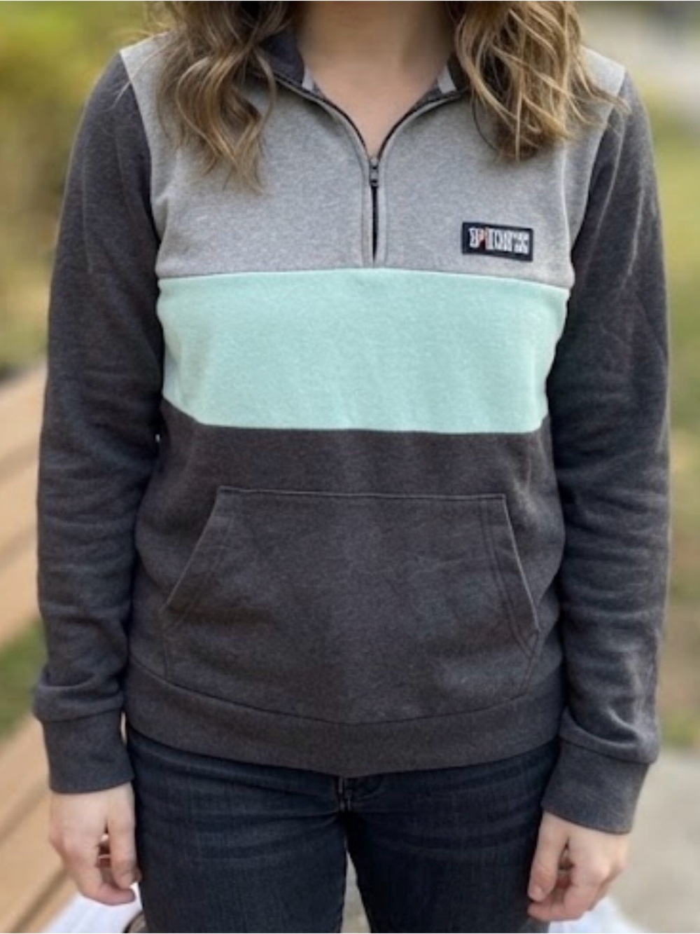 PINK Victoria's Secret Mint and Gray Colorblock Quarter-Zip Pullover